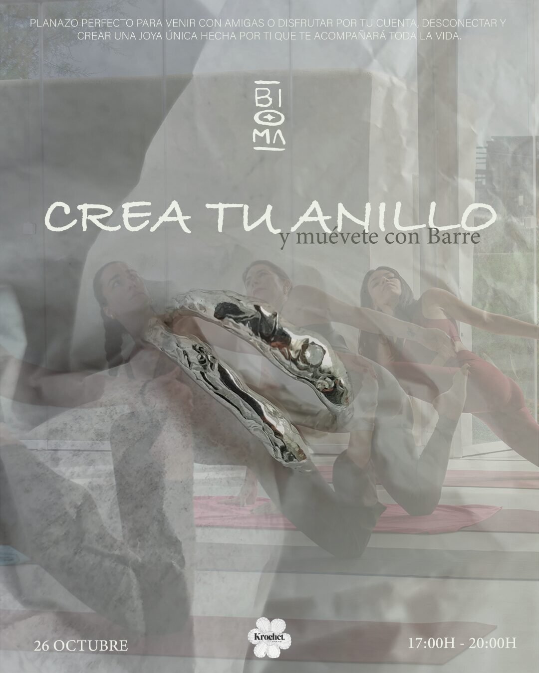 Cartel del taller Crea tu anillo y muévete con Barre en Costa Mágica Tenerife, incluye joyería en plata, picoteo y clase de Barre al atardecer
